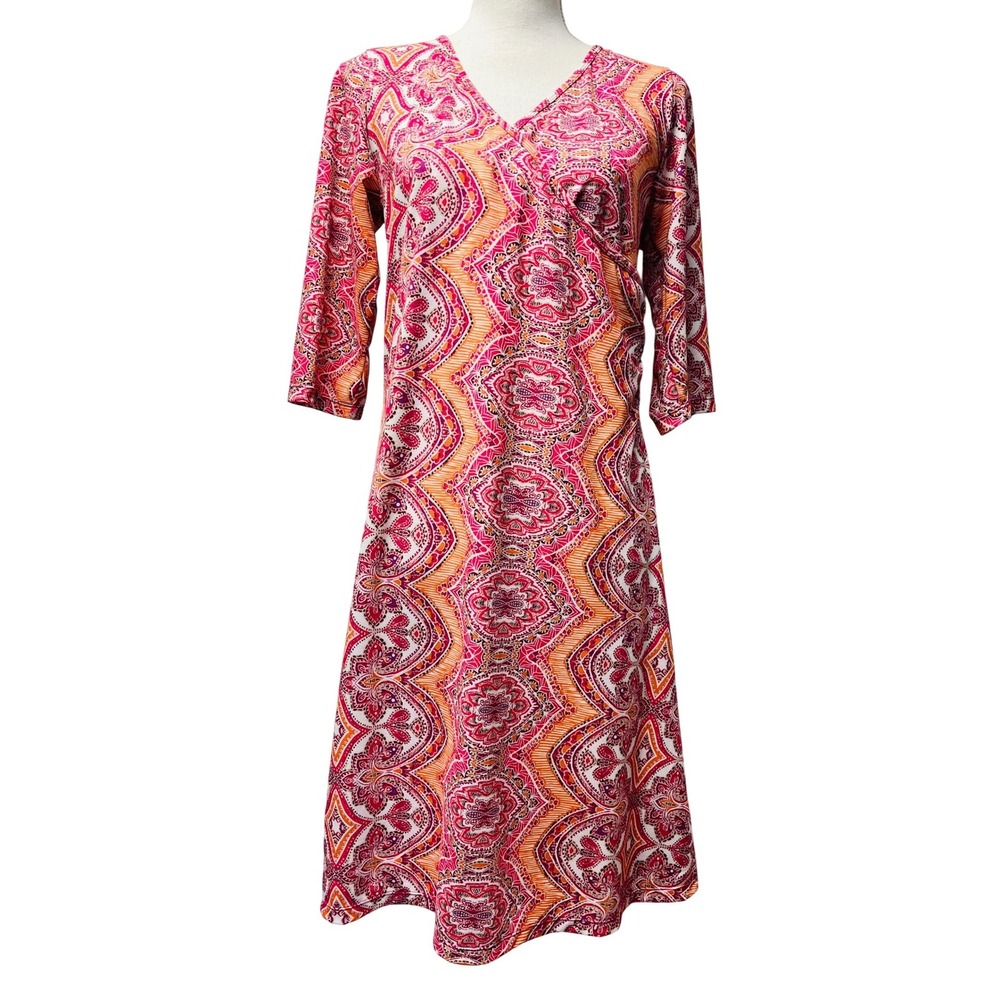 prAna Faux Wrap Dress L Pink Orange Paisley Boho Stretch‎ Preppy Modest Travel